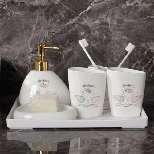Creative Swan Print Ceramic Gargle Cup Soap Dispenser Toothbrush Holder Soap Dish Bath Accessories Set with Pvc Cotton Swab Box
