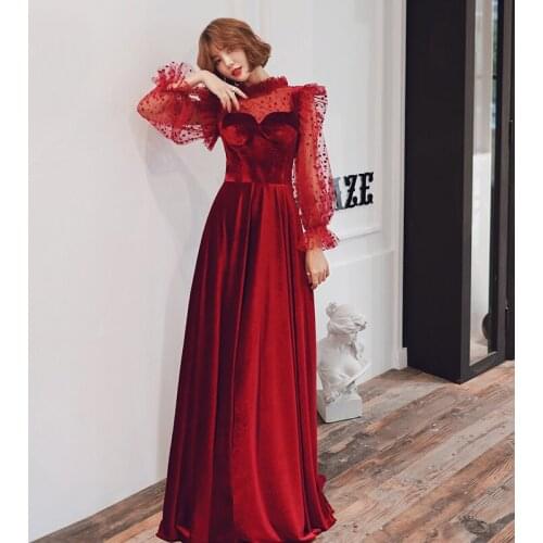 2020 Long Sleeves Sheer Long Formal Dinner Wear Velvet Evening Dresses Lace UP Real Photo Turtleneck