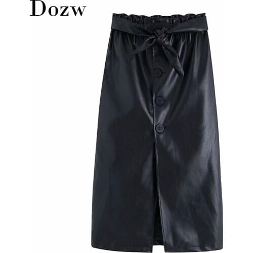 Women Black Bow Tie Pu Leather Skirt Elastic High Waist Elegant Ladies Front Split Buttons Midi Office Skirts Faux Leather Skirt
