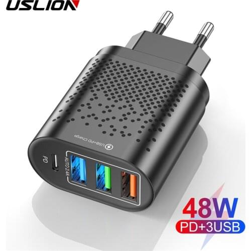 USLION 4 Port USB-C Charger 48W USB Fast Charging For iPhone 12 Pro Max Macbook Xiaomi PD Type C QC4.0 QC3.0 Fast Wall Chargers