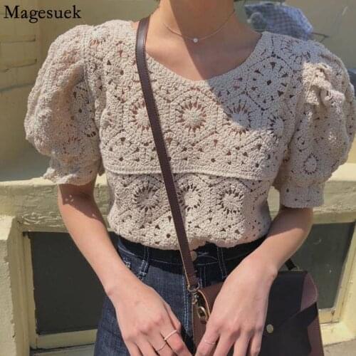 Hollow Out Short Sleeve women blouse 2021 Spring Summer Sexy V-neck Knitted Shirt Women Solid Sweet Puff Sleeve Women Tops 9591