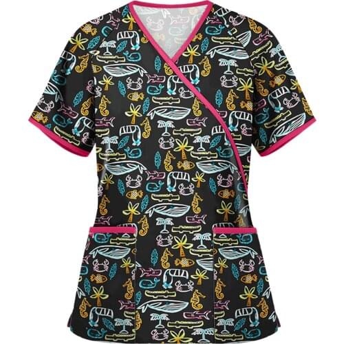 Plus Size Uniforms Nurse Accessories Blouse Women Short Sleeve V-neck Tops Working Uniform Solid Color Pocket Blouse Blusas