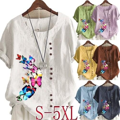 Womens Summer New Fashion Casual Linen Shirt Round Neck Butterfly Printed T-shirt Short Sleeve Tops Loose Blouse S-5XL