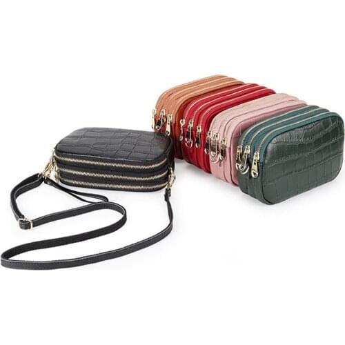 Women Shoulder Bag Mobile Phone Bag Genuine Leather Messenger Bag Ladies Embossed Crocodile Pattern Handbag Pure Color Wallet