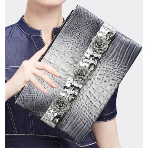 Women Genuine Leather Handbag Envelope Clutch Purse Diamond Flower Crocodile Aligator Messenger Crossbody Bag Shoulder Bag