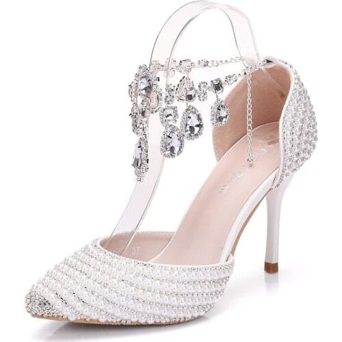 Women sandals wedding Party PU Rhinestones Buckle Strap 9.5CM Thin High heels Pointed Toe sandal women shoes 2020 size 35-42
