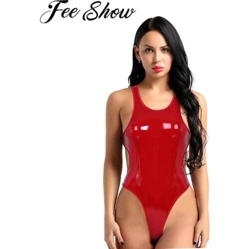 Women Adult Wetlook PU Leather Swimsuit Sexy Female Erotic Lingerie Bodysuit High Cut Tank Thong Leotard Body Suit Stage Costume