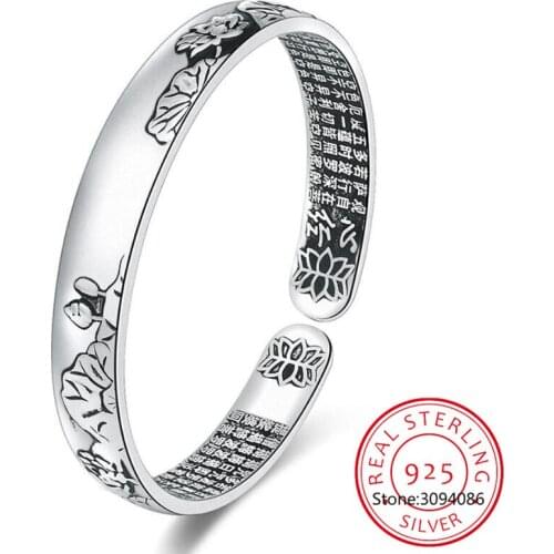 925 Sterling Silver New Woman Fine Jewelry High Quality Black Lotus Flower Thai Silver Retro Simple Open Bracelet