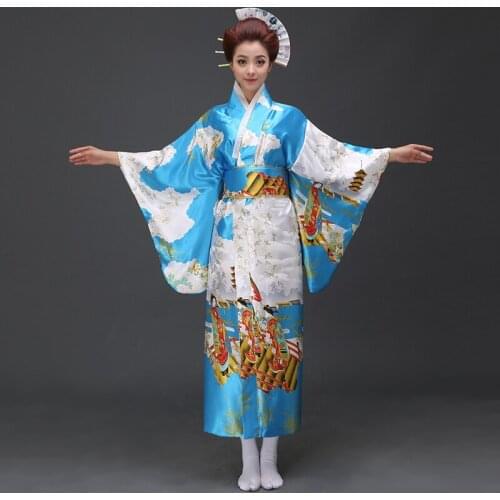 Lake Blue National Trends Women Sexy Kimono Yukata With Obi Novelty Evening Dress Japanese Cosplay Costume Floral One Size
