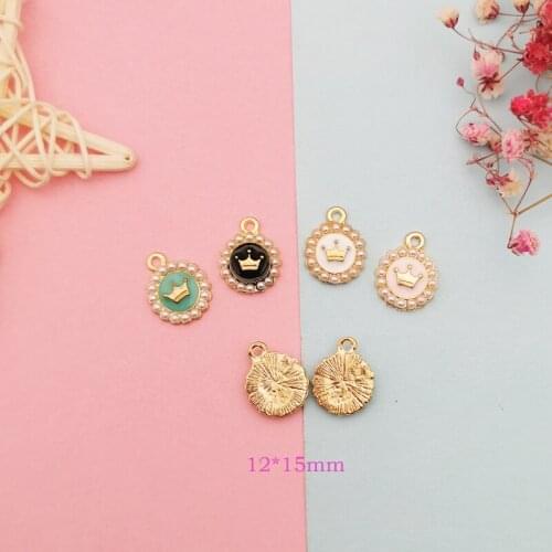 10pcs Chic Pearl Crown Enamel Charms Pendants Round Shaped Metal Earrings Pendants Finding Fit DIY Hair Bracelet Jewelry Making