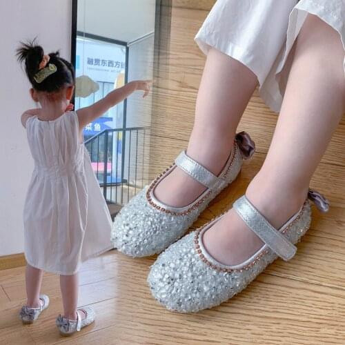 Princess Kids Leather Shoes for Girls Flower Casual Glitter Children High Heel Girls Shoes Butterfly Knot Blue Pink Silver