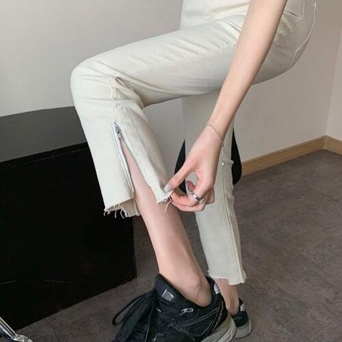 High Waist Cigarette Tube Zipper Burr Casual Pants Women Loose Straight Spring Summer 2021 New Beige Skinny Jeans Vaqueros Mujer