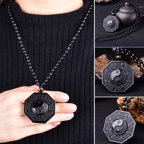 Geometric Pendant Obsidian Necklace Chinese Tai Chi Men Chain Women Gossip Bead Necklace Jewelry
