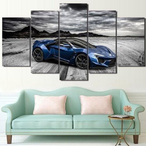 Canvas Pictures Modular Wall Art Framed Posters 5 Pieces Cool Flashy Blue Luxury Sports Car Painting For Living Room Home Decor