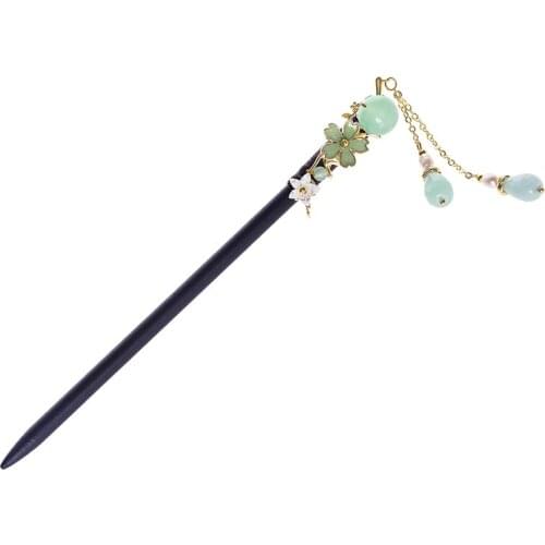 China vintage Natural jade bead green wooden kimono hairpin court hanfu hair sticks accessories pan head tools bagpack
