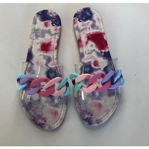 Summer Beach Slippers Clear Transparent Flat Slippers Women Shoes Woman Metal Chain Slides Rainbow Colorful Flip Flops Plus Size