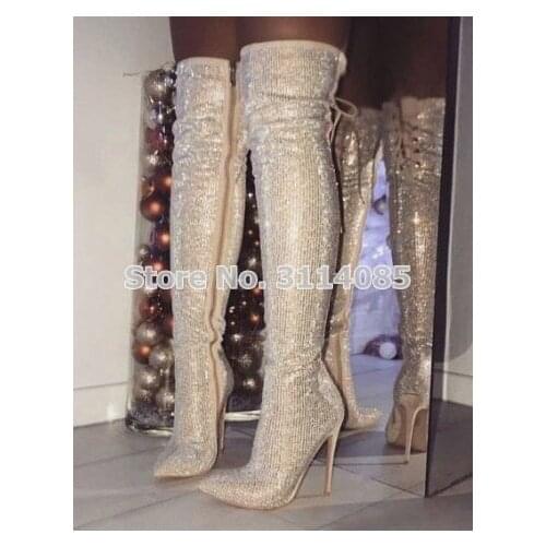 Women Top Brand Silver Black Bling Bling Crystal Long Boots Lace-up Over-the-knee Pointed Toe Glittering Rhinestone High Boots