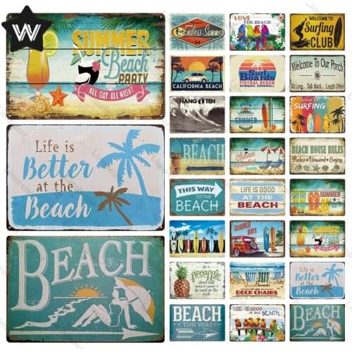 Metal Sign Beach Decor Vintage Summer Wall Stickers Surfing Tin Plaque Metal Poster Signpost Tin Plate for Beach Tiki Club Decor