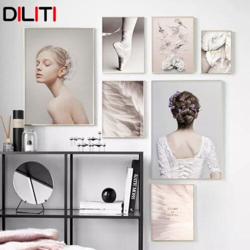 Fashion Flower Feather Ballet Girl Wall Art Nordic Abstract Canvas Painting for Living Room Decorative Print Poster Picture
