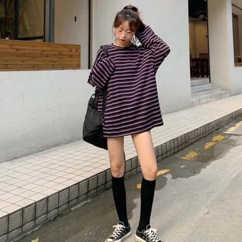 Fashion New Sexy Korean Loose Large Size Round Neck Long Sleeve Striped T-shirt Purple Black Strip XL