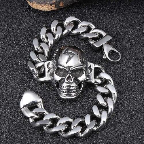 Punk Lightning Skull Stainless Steel Bracelet Men 316L Charm Male Link Chain Friend Jewelry