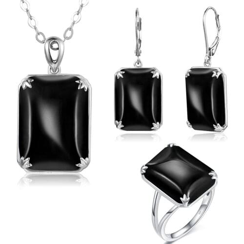 Szjinao Silver 925 Jewelry Set For Women Real 925 Sterling Silver Black Onyx Pendant Earrings Ring Set Vitage Fine Jewelry Gifts