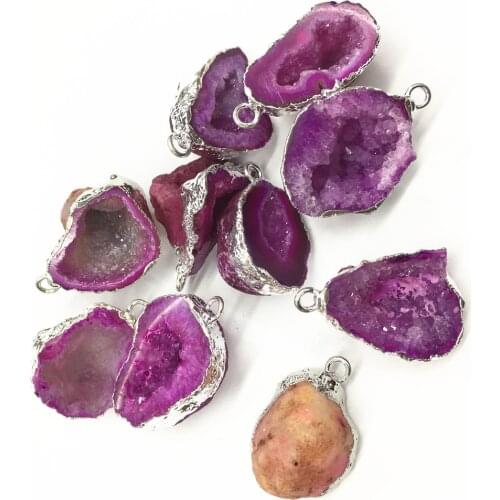 New Hot Natural Stone Reiki Pendants&Necklace Brazilian Electroplated Platinums Edged Slice Open Red Agates Geode Drusy Druzys
