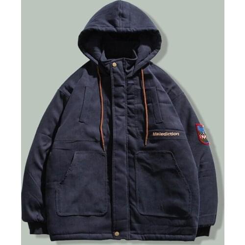 Harajuku Thickened Letter Embroidery Hooded Parka Men Hip Hop Streetwear Loose Parkas 2021 Winter Campus Couple Oversized Jacket