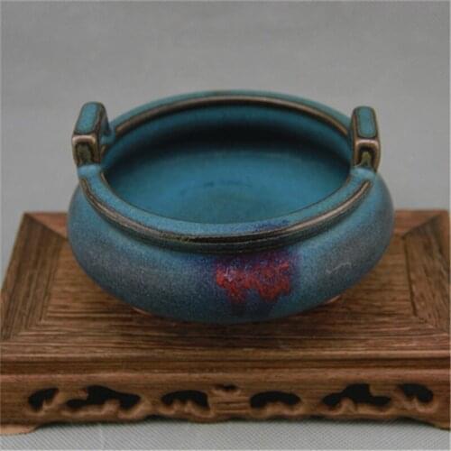 Song Jun kiln, double ear and tripod censer, all hand-made antique porcelain collection, home decoration crafts and ornaments
