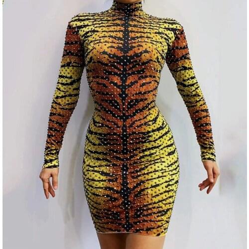 Sexy Leopard Print Rhinestone Dress Long Sleeve Stretch Tight Short Dress Dj Gogo Dancer Cosplay Costume Rave Outfit VDVDB3362