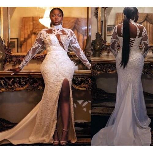 Plus Size Arabic Luxurious Lace Beaded Wedding Gowns Crystals High Split Long Sleeves Sexy Bridal Dresses