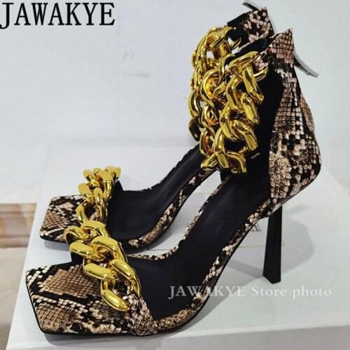 Summer Square Open toe Chain High Heel Sandals Woman Sexy Fashion Week Party Shoes Plus Size Luxuy Brand Shoes Mujer