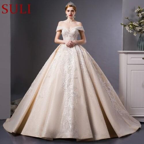 SL-6107 Luxury Embroidery Lace boat neck ball gown wedding dress bridal wedding gowns royal train