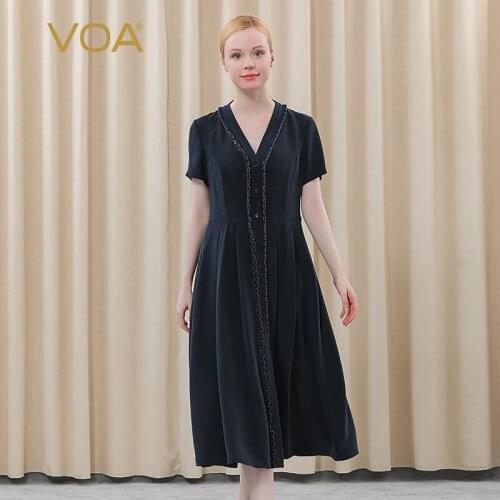VOA Heavy Silk Yellow Pair Silk Gauze Wood Ear Kimono Collar Single-breasted Short-sleeved Cardigan Navy Blue Women Dress AE522