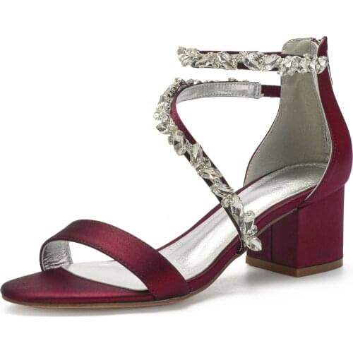 Thick heel lady satin sandals strappy shoes with silver crystals chain summer bridal wedding heels party celebration woman shoe