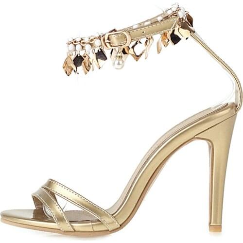 2021 Women High Heels Metal Decoration Sandals Lady Sandles Stiletto heels Ankle buckles strap Summer Party Shoes Big Size 50