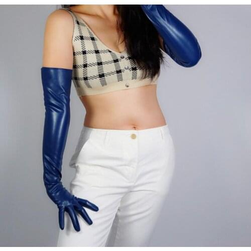Womens fashion navy blue sexy slim faux pu leather glove ladys club performance formal party leather long glove 60cm R2584