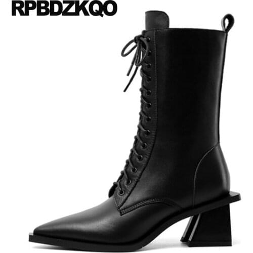 Mid Calf Shoes Autumn Vintage Black Women High Heel Brown Pointed Toe Elegant Genuine Leather Lace Up Chunky Side Zip Boots 2021