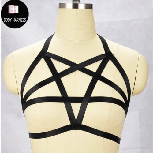 Womens Elastic Harness Harajuku Cosplay Sexy Lingerie Cage Bra Gothic Bondage Fetish Wear Crop Top Pentagram Body Harness Bra