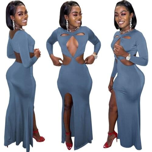 Womens Clothing Nightclub Solid Color Long Sleeve Sexy V Neck Hollow Out Waist Split Fork Maxi Dress Wholesale Dropshipping