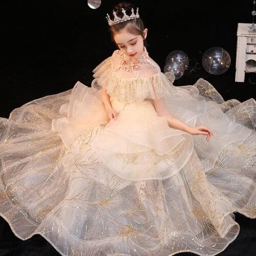 Champagne Flower Girl Dresses Elegant Lace Applique Cascading Kids Pageant Gowns For Weddings Communion Formal Evening Clothes