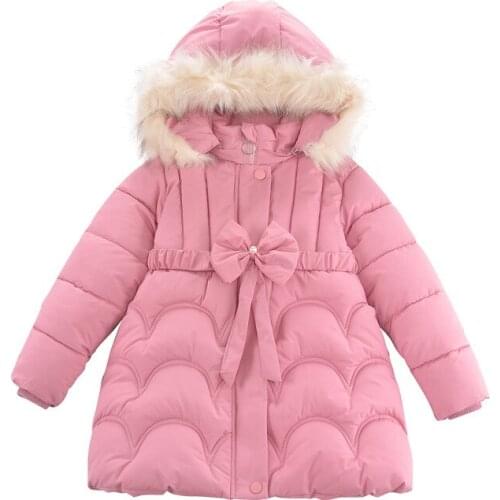 Winter girl coat children thick plus velvet fur collar hooded cotton-padded jacket outerwear girl bowknot belts casual warm coat
