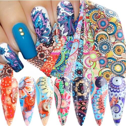 10pcs Bohemian Mandala Style Nail Foils Flowers Line Geometry Nail Transfer Stickers Full Wraps Nail Decor Accessories SAXK1028