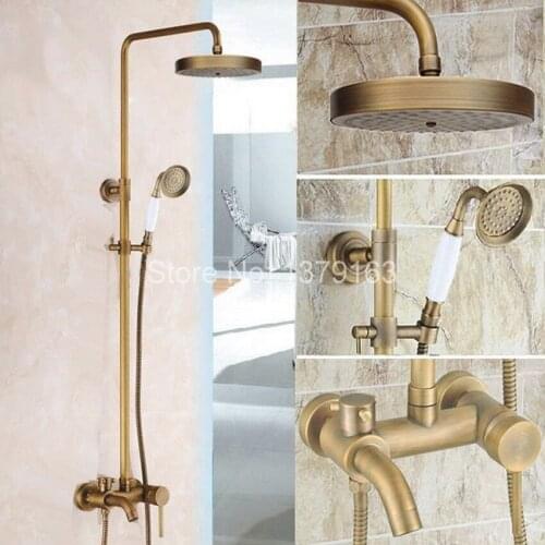 Antique Brass Wall Mounted Bathroom Rain & Hand Shower & Tub Faucet Set Single Lever Mixer Tap ars187