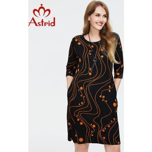 Astrid Womens Dress 2021 for Women Casual Elegant Vintage Plus size office Print midi Cotton knit Dresses With necklace Pockets