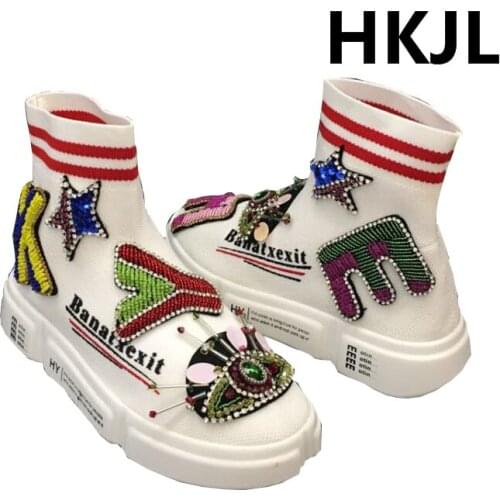 HKJL fashion high top thick bottom elastic knit socks shoes 2019 new heavy water drill letter street fashion shoes women