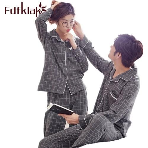 Fdfklak Cotton Couple Pajamas Sleep Wear Pyjama Long Sleeve Plaid Pair Pajamas For Adults Sleepwear PJ Set Plus Size L-3XL