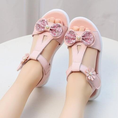Summer Childrens Bowtie Princess Sandals For Teenager Girls School Pink Korean Version Sandals 6 7 8 9 10 11 12 Years Old New