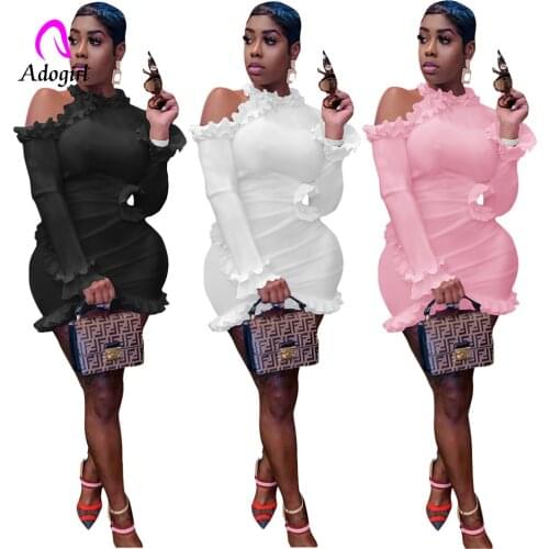 Fall Women Mini Dress Ruffle Long Sleeve Solid Birthday Night Club Outfits Solid Color Hollow Out O-neck Bodycon Female Vestidos