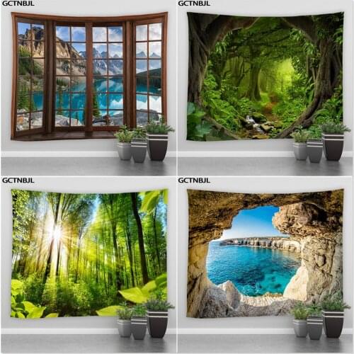 Landscape Large Tapestry Window Forest Scenery Print Boho Room Hippie Wall Hanging Tapestries Bedroom Background Decor Blanket